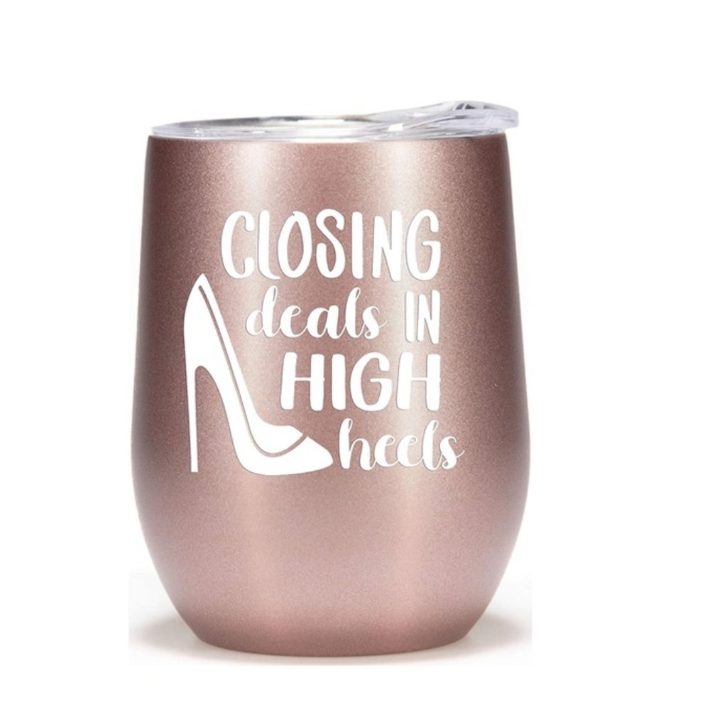 NIB 12oz Tumbler Cup "CLOSING DEALS IN HIGH HEELS" Unique Gift for Female Bosses